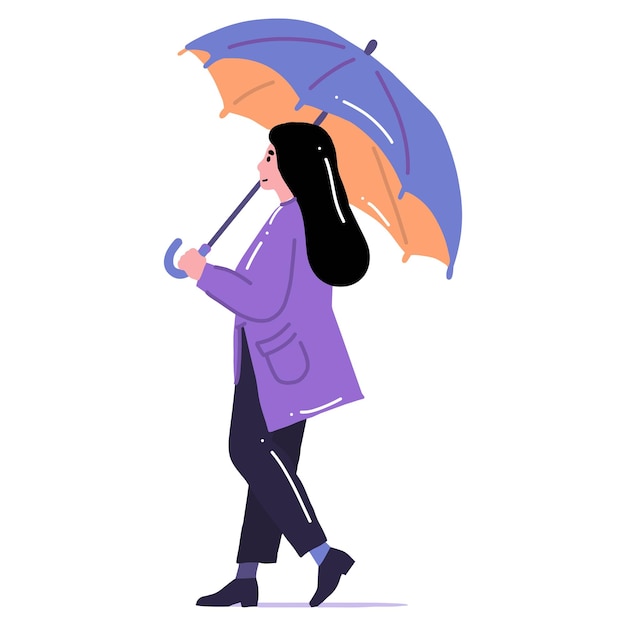 Young woman walking with umbrella in flat style isolated on background