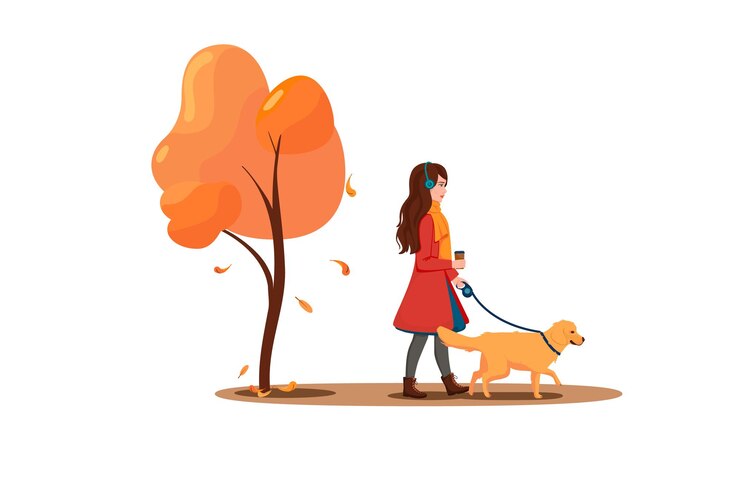 Vector a young woman walks with a dog in the park