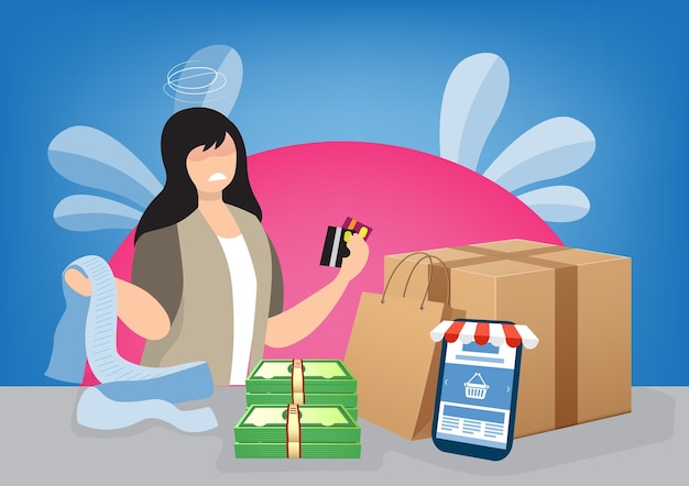 The young woman was shocked by online shopping because of the large number of orders vector illustration