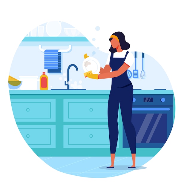 Young woman washing dish flat vector illustration