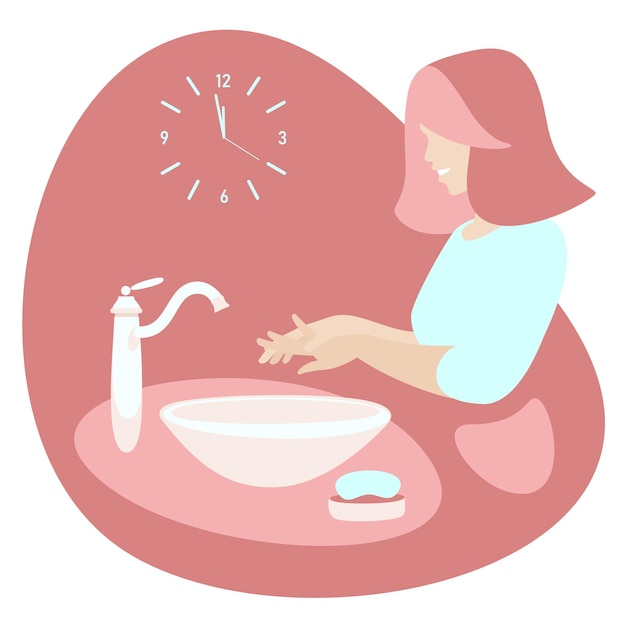 Young woman washing hands in bathroom Trendy handdrawn vector cartoon flat illustration