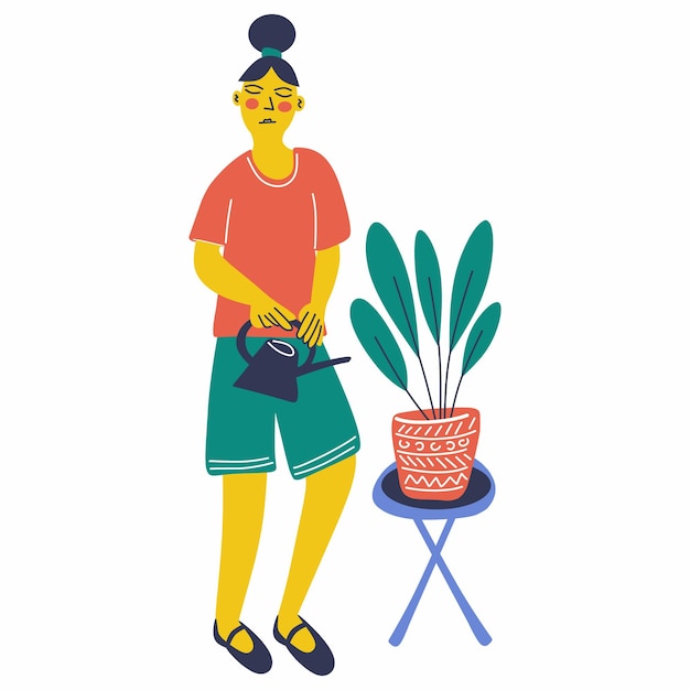 A young woman watering her houseplant in the pot