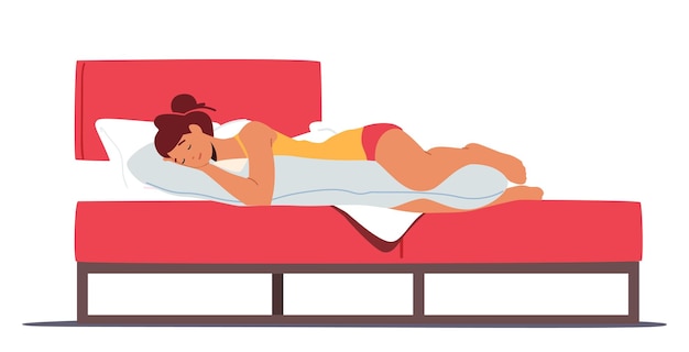 젊은 여성이 잠옷을 입고 배에 잠옷을 입거나 침대 옆에서 잠자는 여성 캐릭터 잠자는 꿈의 휴식을 취합니다.