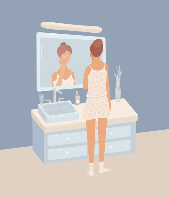 Vector young woman wearing pajama putting night cream on her skin in bathroom