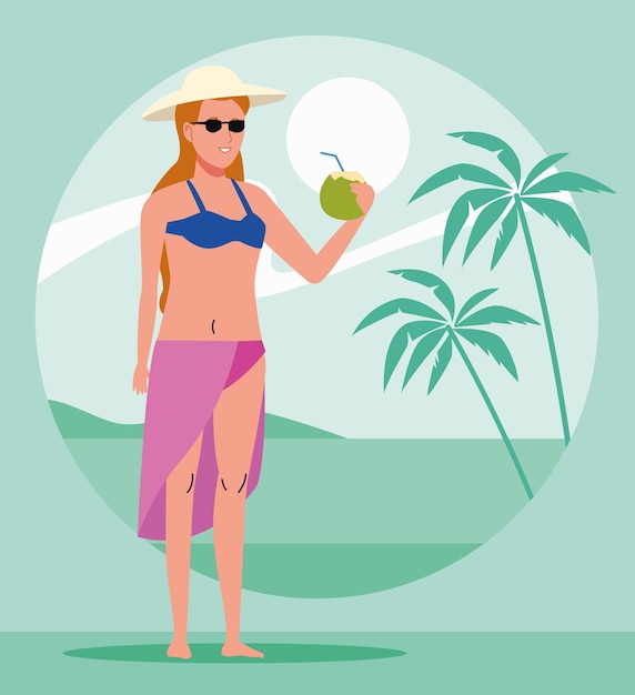 Young woman wearing swimsuit drinking coconut cocktail