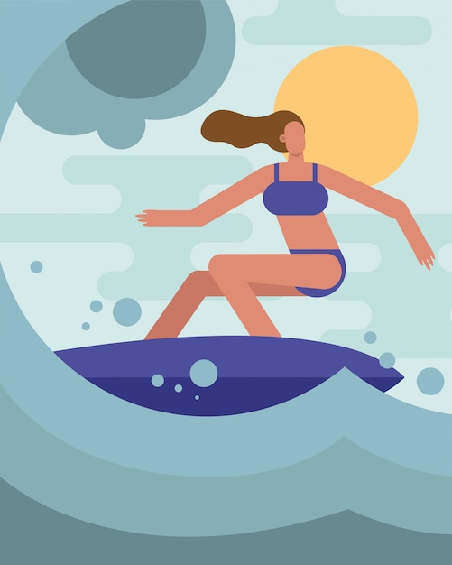 Young woman wearing swimsuit surfing character