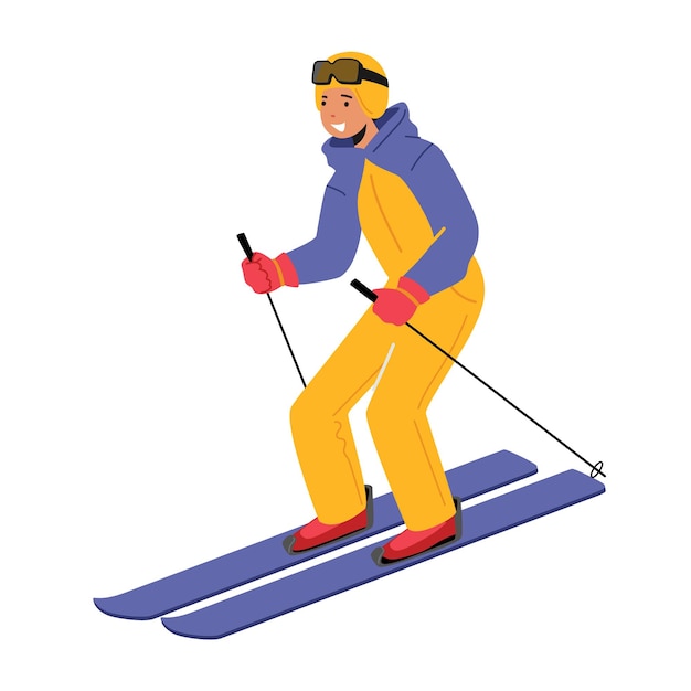 겨울 스포츠, 흰색 배경에 고립 된 스키에 의해 내리막가는 따뜻한 낚시를 좋아하는 의상과 고글을 착용하는 젊은 여자