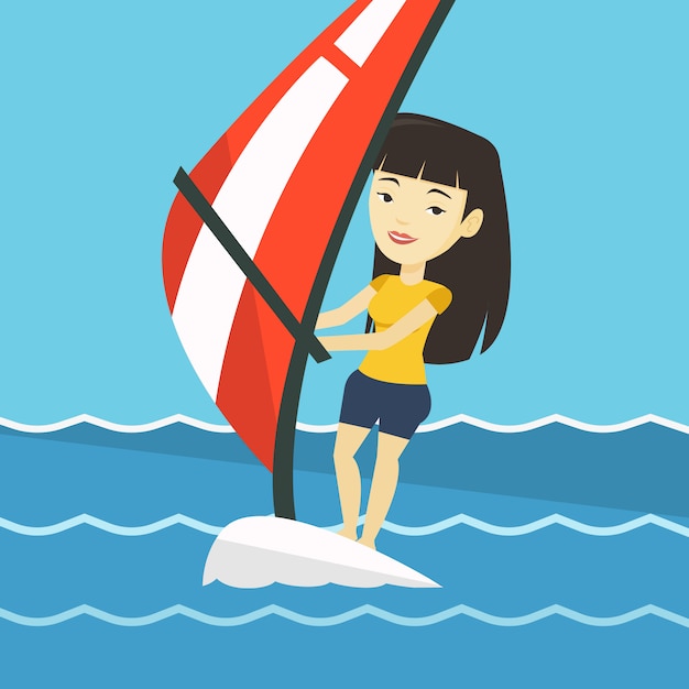 Vector young woman windsurfing in the sea.