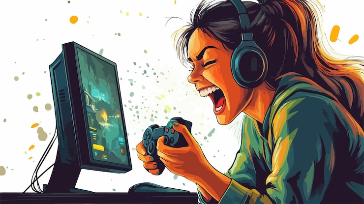 Vector young woman winning video game competition