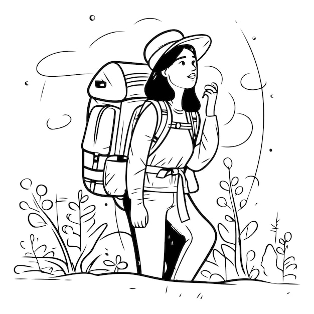 Vector young woman with a backpack hiking in the forest