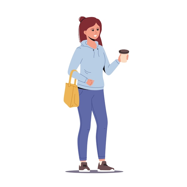 Young woman with bag in casual style drinks coffee Young female stand and hold in hand coffee mug