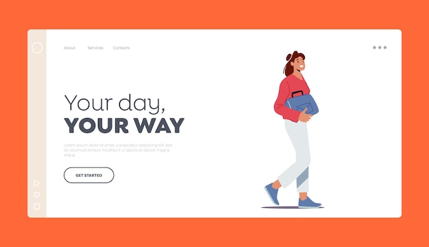 Young Woman with Bag in Hand Walking Landing Page Template Female Character Passerby Pedestrian Walk on Street