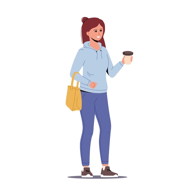 벡터 캐주얼 스타일의 가방을 든 젊은 여성이 커피를 마신다 젊은 여성이 서서 손에 커피잔을 들고 있다