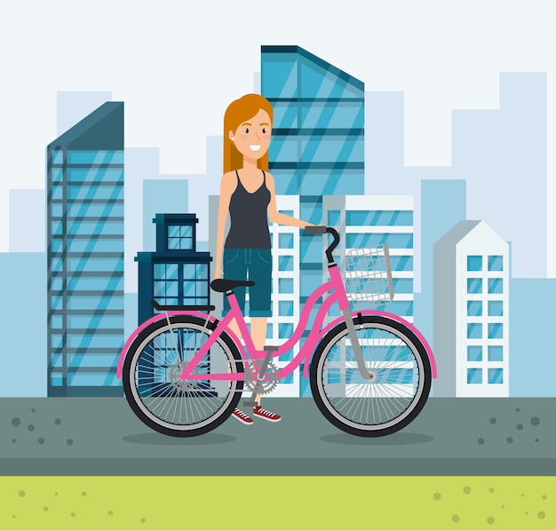 Vector young woman with bicycle in the park