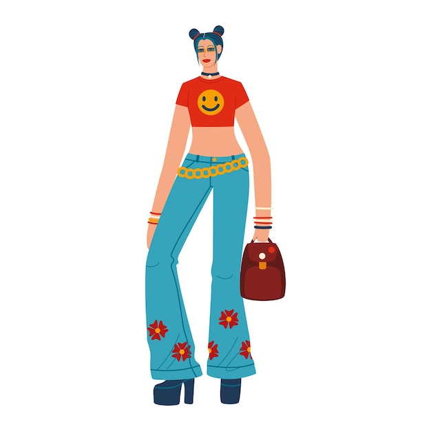 Young woman with blue hair and space buns wearing retro s outfit holding handbag fashionable female