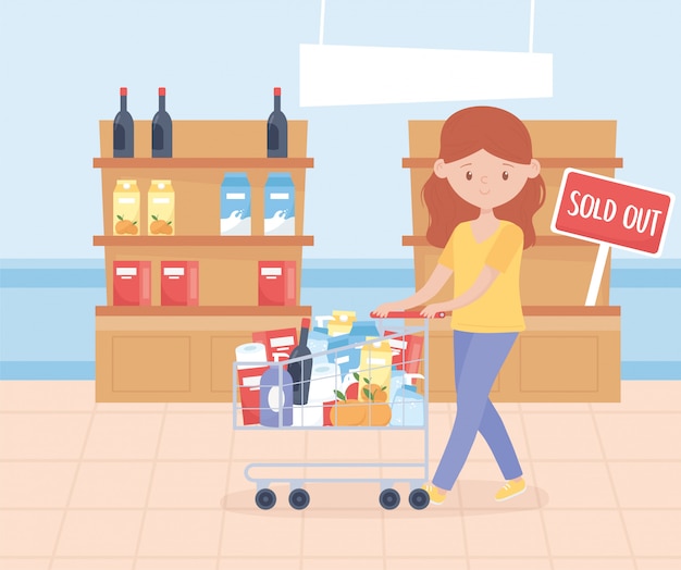 Young woman with cart and shelves with food excess purchase