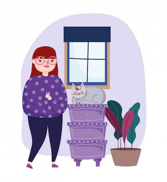 家具の引き出しに猫を持つ若い女性鉢植え植物窓部屋イラスト