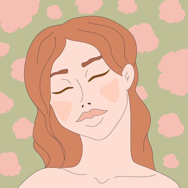 Vector young woman with closed eyes on a floral background hand drawn vector illustration