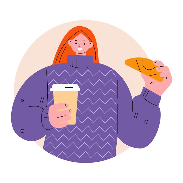 Young woman with coffee and croissant. vector illustration in flat style.