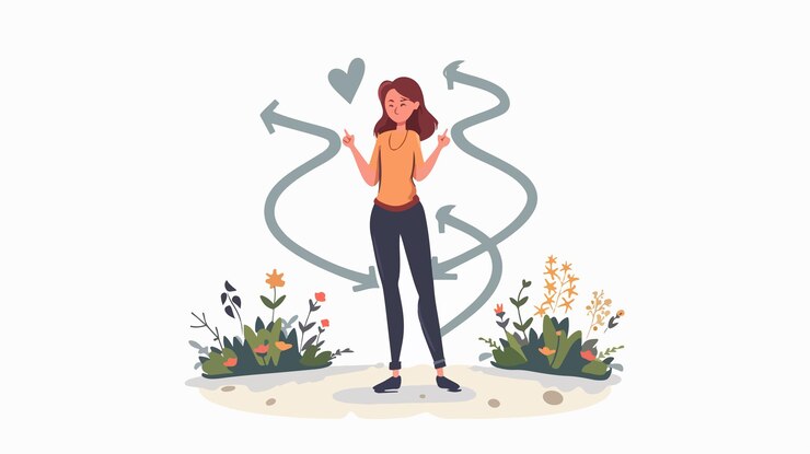 Vector young woman with confusing choice of paths cart