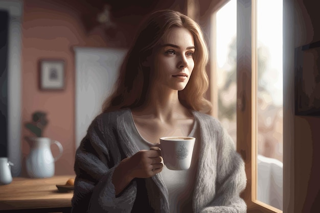 Vector young woman with cup of tea or coffee in the morningyoung woman with cup of tea or coffee in the mo