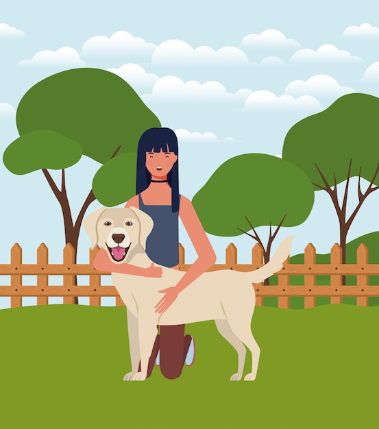 Vector young woman with cute dog in the field