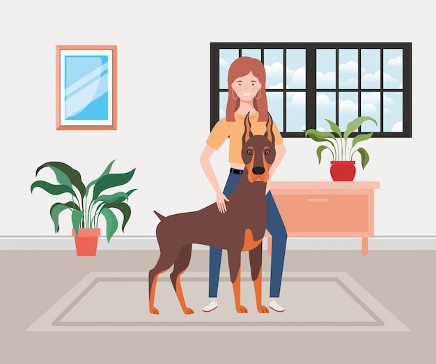 Young woman with cute dog in the house room