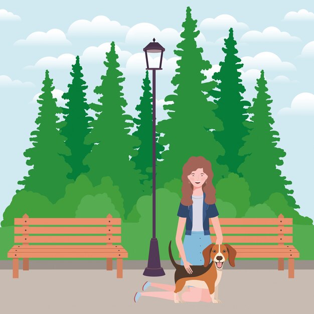 Vector young woman with cute dog mascot in the park