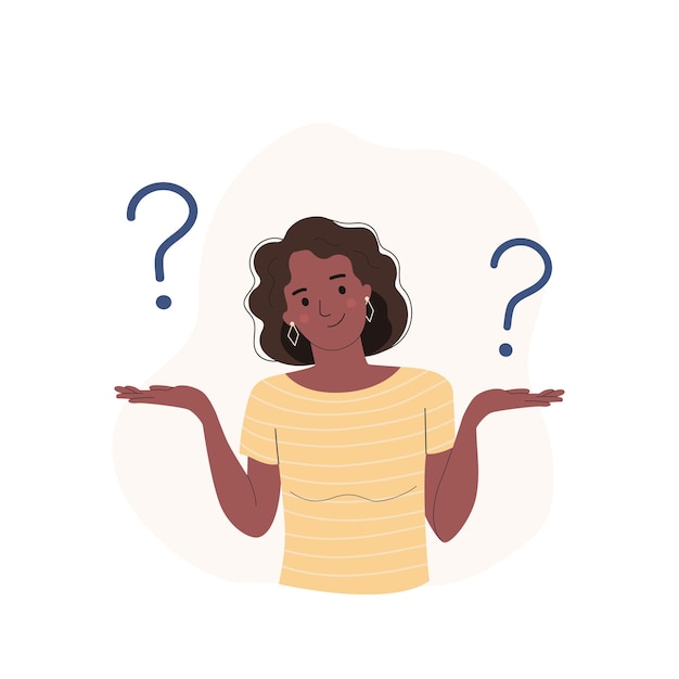 Vector young woman with dark hair and skin surrounded by a question mark flat style cartoon vector illustration