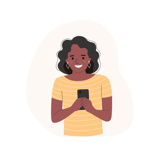 Young woman with dark skin looks into the smartphone Vector flat style cartoon illustration