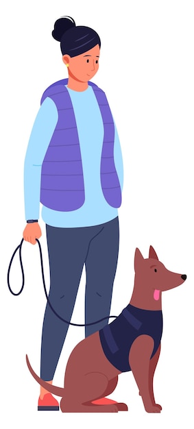 Young woman with dog on leash Walking person character