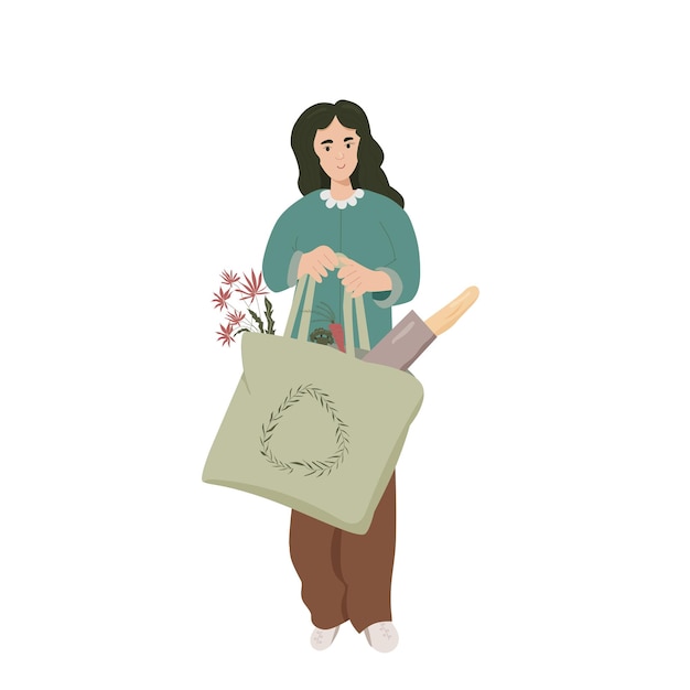 Vettore giovane donna con eco shopping bag illustrazione vettoriale di vita sostenibile