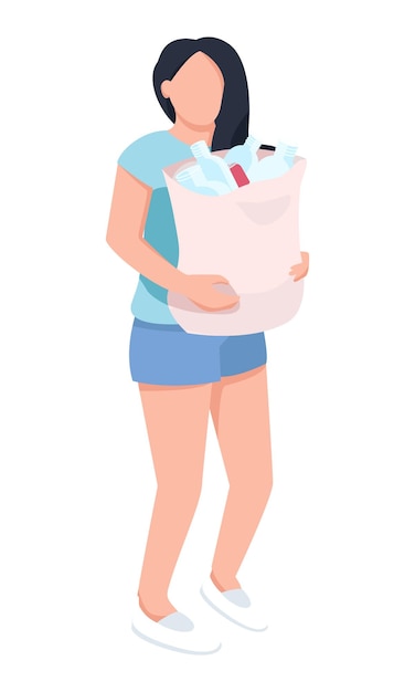 Young woman with full bag of bottles semi flat color vector character Standing figure Full body person on white Simple cartoon style illustration for web graphic design and animation