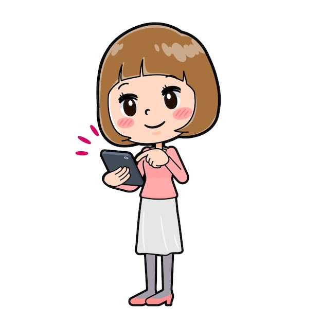 Молодая женщина с жестом касания смартфона. Мультипликационный персонаж.