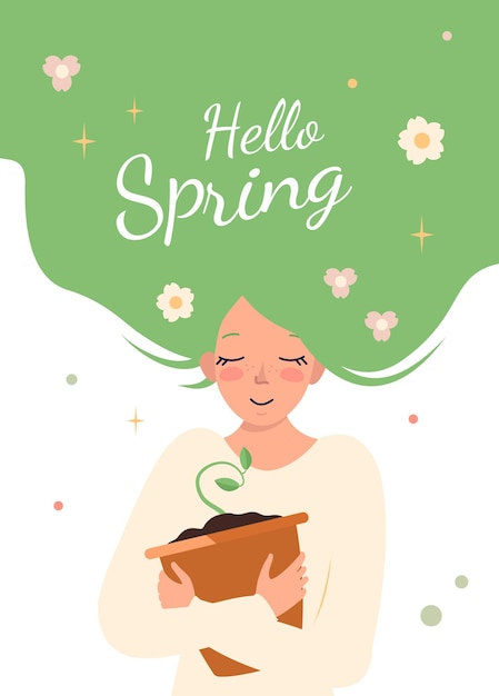 Vector young woman with green hair hugs a pot of sprout. happy girl is waiting for spring. care and love for nature and the world around us. march postcard. vector flat illustration