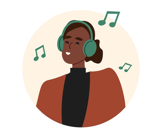 a young woman with headphones listening music a simple flat illustration