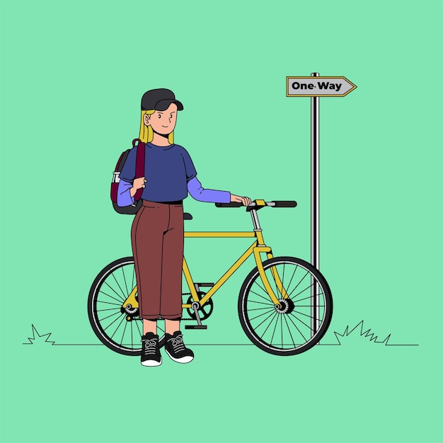 Vector young woman with her bycicle illustration