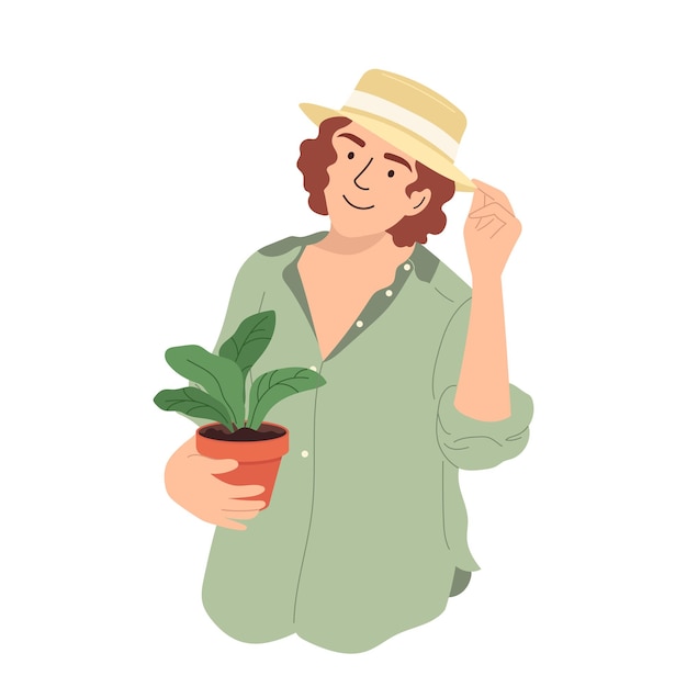 young woman with indoor potted plants colorful concept of home gardening houseplant care flat vector