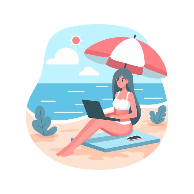 Young woman with laptop on the beach flat style vector illustration