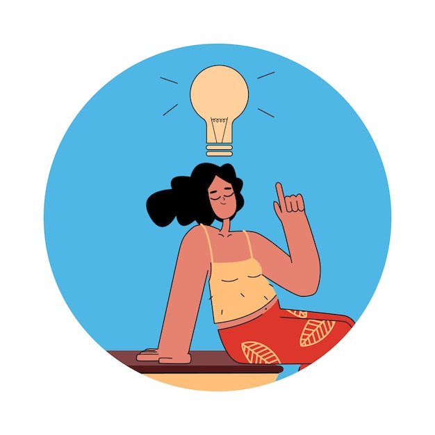 Young woman with a light bulb over her head. an idea came. cartoon flat style. illustration