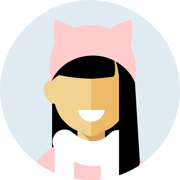 Young Woman with Long Black Hair in Outerwear Pink Down Jacket Scarf and Hat with Cat Ears Round