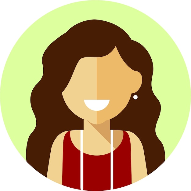 Young Woman with Long Dark Hair and Earrings Round Avatar Face Icon in Flat Style