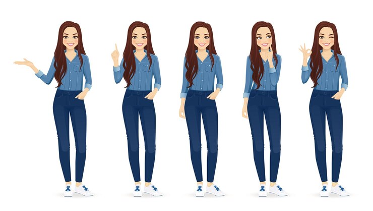 Vector young woman with long hair in casual denim shirt and jeans set different gestures isolated vector
