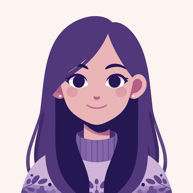 Vector young woman with long purple hair and a grey turtleneck sweater adorned with snowflakelike pattern