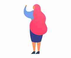 Vector young woman with long red hair in blue and pink outfit greeting modern female character waving hand friendly gesture and casual attire vector illustration