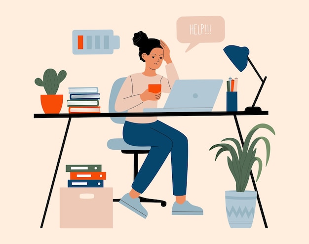 Vector young woman with low energy sits by the table with laptop, overworked burnout needs help and rest