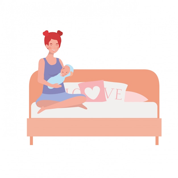 Vector young woman with newborn baby in bed