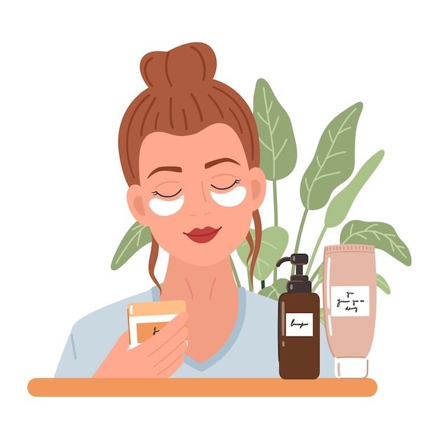 Young woman with a patches under the eyes and natural cosmetics products in bottles and jars for skin care. Skincare, treatment, relaxation, home spa. Skincare routine.  illustration.