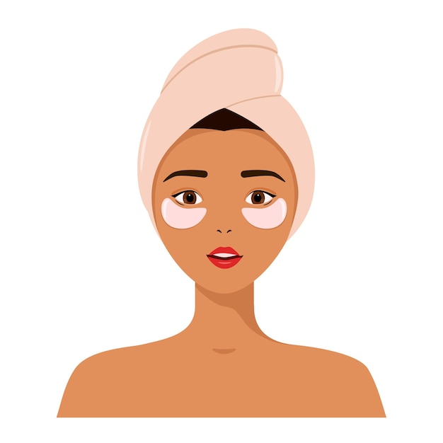 Vector a young woman with patches on her face and a towel on her head skin care