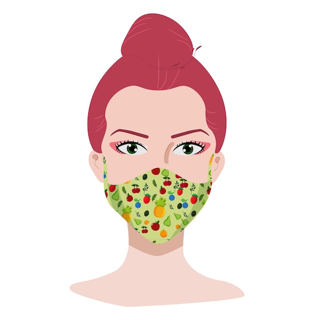 Vector young woman with pink hair wears mask concept of coronavirus